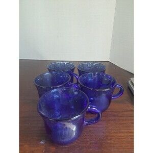 Set Of 5 Forte Crisa Blue Cobalt Sunflower Textured Glass Coffee/Tea Cups